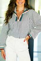 Dark Grey Stripe Pop Of Color Neckline Blouse Blouses a7ec79e80880770e