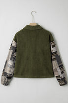 Jungle Green Ribbed Fleece Plaid Print Patchwork Button Up Jacket Jackets a8083bdddc5cad40