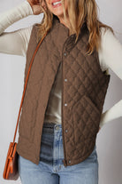 Dark Brown Flower Shape Quilted Snap Button Zip Up Winter Vest Coats a81d9f430d950455