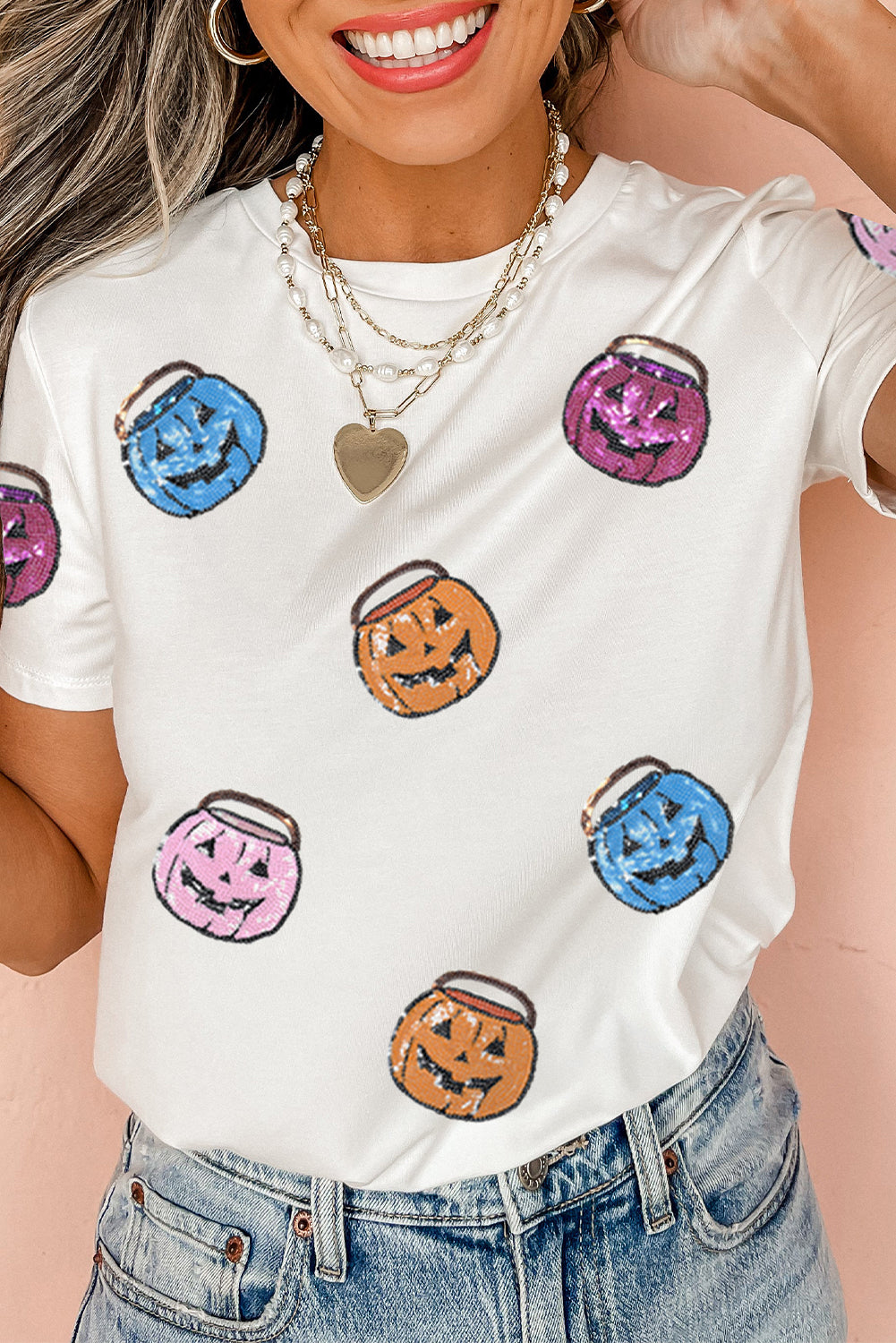 White Sequin Pumpkin Face Patched Crew Neck Holiday T Shirt Graphic Tees a82bc38c26b76f6c