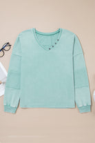 Mist Blue Mineral Wash Exposed Seam Buttoned V Neck Pullover Top Long Sleeve Tops a85ee829bfc861cc