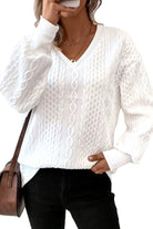 White Plain V-Neck Oversized Long Sleeve Textured Top Long Sleeve Tops a86d37b4f1a4d97e