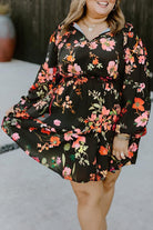 Black Plus Size Floral Print Tie Neck Cinched Waist Long Sleeve Mini Dress Plus Size Dresses a89ff7c1aedf39a2