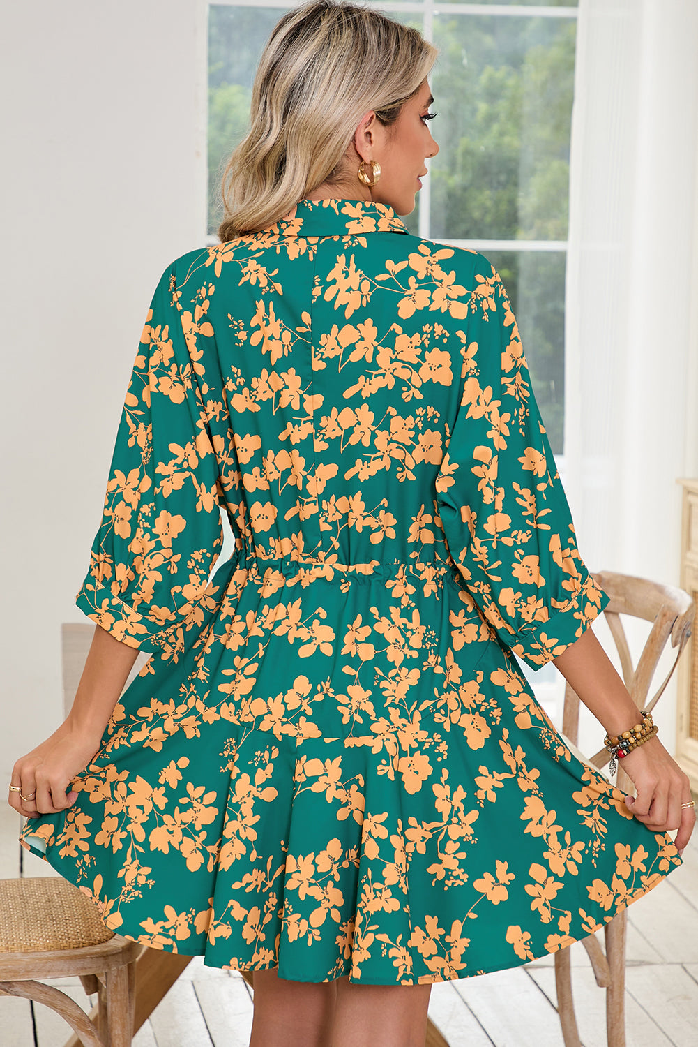 Green Floral Print Drawstring Flowy Short Dress Short Dresses a8b3eece8e634e1a