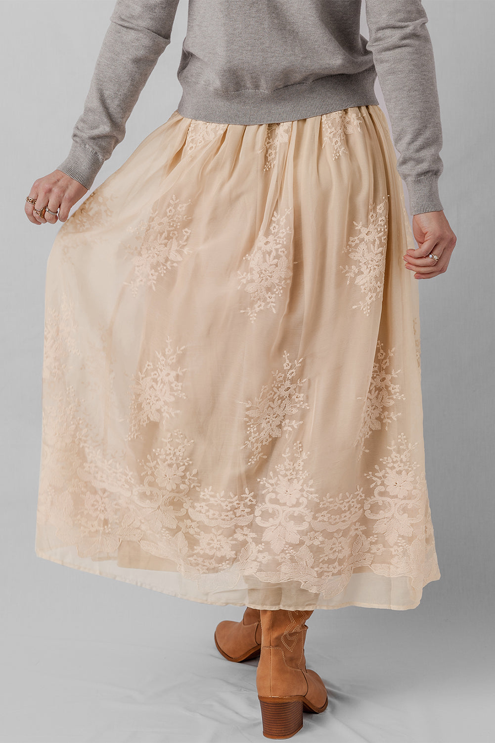Oatmeal Embroidered Mesh Overlay Flowy Long Skirt Skirts a8f00877d35b28f2