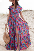 Blue Boho Floral Print V Neck Wrap Split Maxi Dress Maxi Dresses a90edccf6cefde11