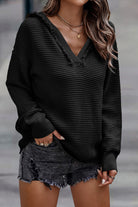 Black Split V Neck Pullover Knit Hooded Sweater Sweaters a938fb8c3d05f851