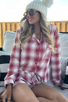 Red Retro Plaid Long Sleeve Shirt Drawstring Shorts 2pcs Lounge Set Loungewear Set a9532bc292c18664
