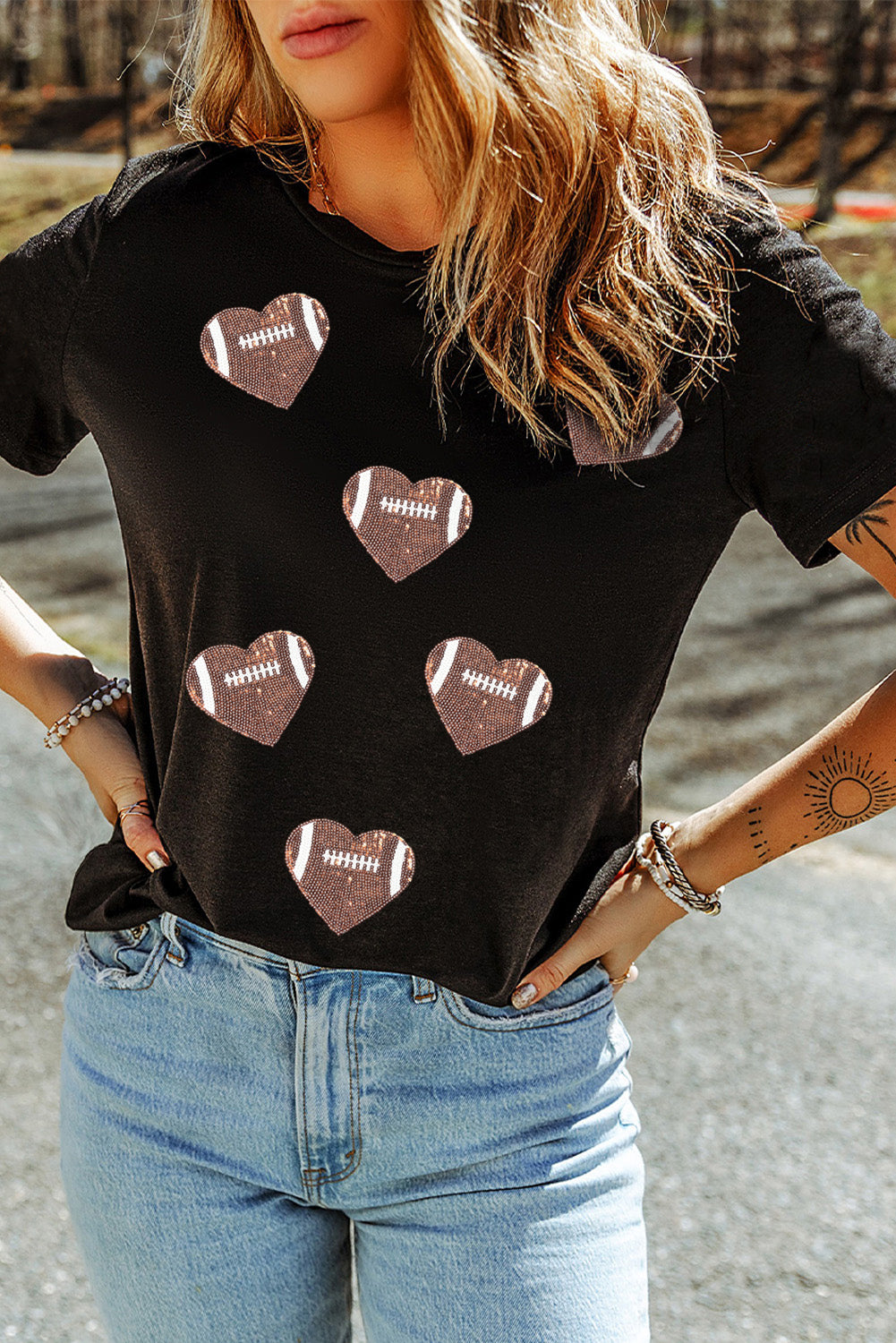 Black Football Sequin Heart Patched Graphic Tee Graphic Tees a9546c8cbfd54076