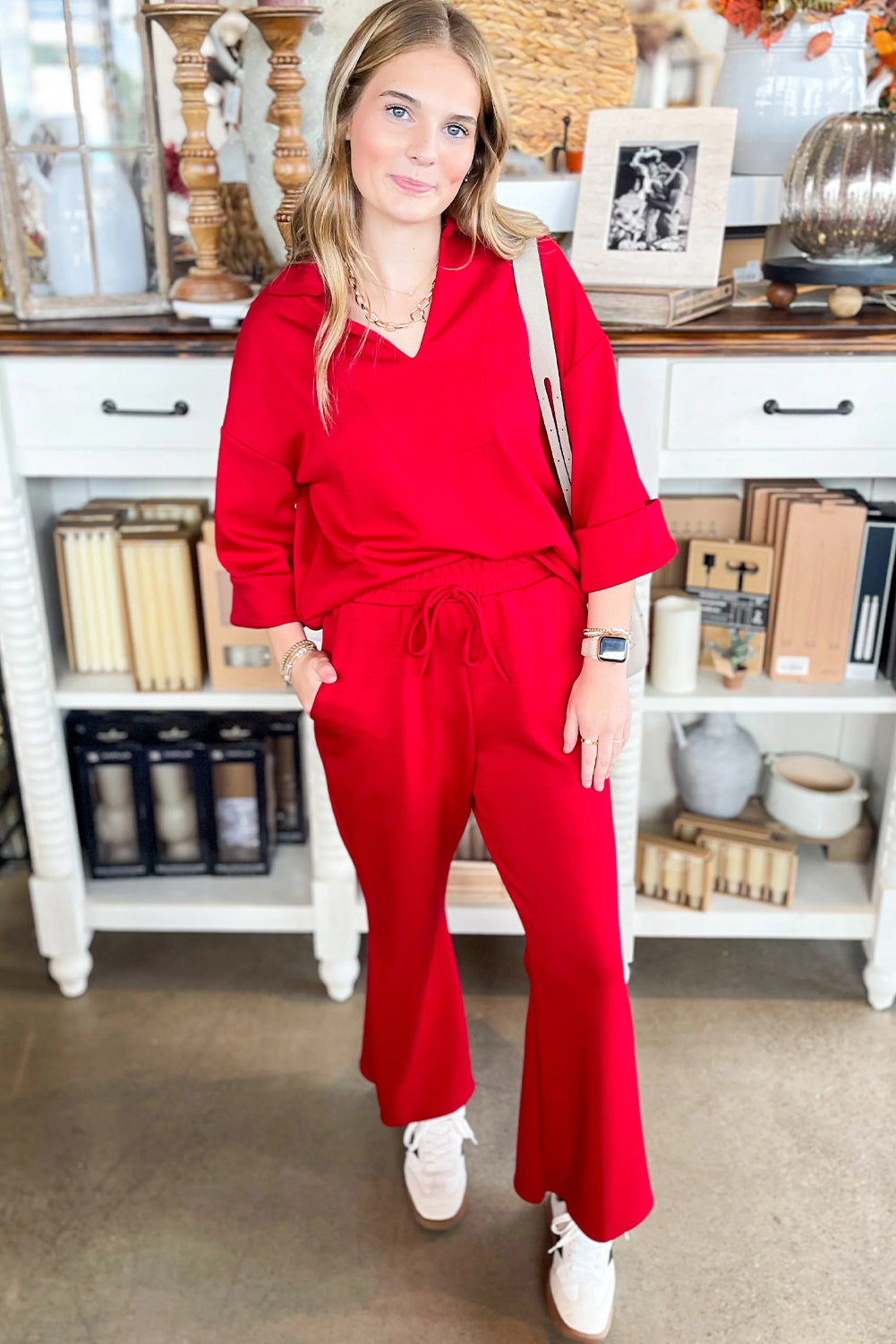 Fiery Red Plain V Neck Pullover Drawstring Bell Bottom Pants Set Two Piece Pants Sets a967885280f98424