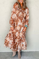 Brown Floral Print Shirred Square Neck High Waist Maxi Dress Maxi Dresses a96f2087703faef2