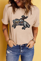 Khaki Rodeo Sequins Patch Graphic Crewneck Tee Graphic Tees a9f3c7e1a742c21b