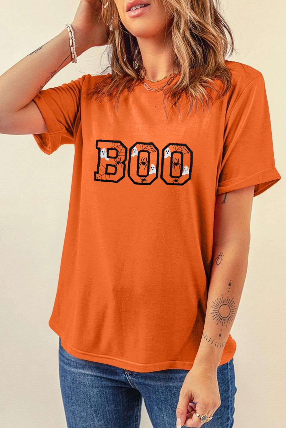Orange BOO Halloween Ghost Sipder Embroidered Graphic Tee Graphic Tees a9f405704b3e7168