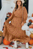 Brown Plus Size Floral Split V Neck Ruffled Sleeve Tiered Maxi Dress Plus Size Dresses aaa2877037982754