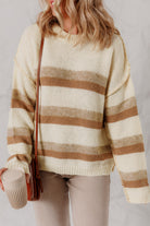 Khaki Stripe Exposed Seam Drop Shoulder Knit Baggy Sweater Sweaters aad6d99ba2831cc3