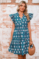 Blue Retro Floral Print Split Neck Ruffle Short Sleeve Dress Short Dresses aad96371b477506d