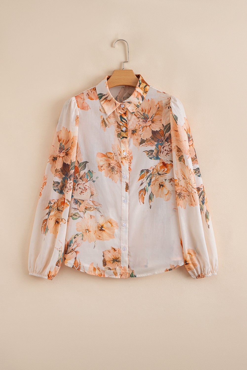 Orange Floral Puff Sleeve Lightweight Shirt Blouses aadd48a064967c1a