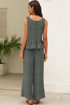 Duffel Green Solid Color Ribbed Ruffle Tank Top and Pants Set Two Piece Pants Sets aafc79bd467a96d4