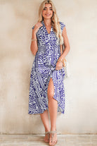 Dirty Blue Floral Print Smocked Waist Sleeveless Dress Midi Dresses ab097ff03ee36d05