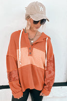 Cinnamon Striped Waffle Patchwork Drawstring Hooded Long Sleeve Top Long Sleeve Tops ab0ebc1358fd9c53