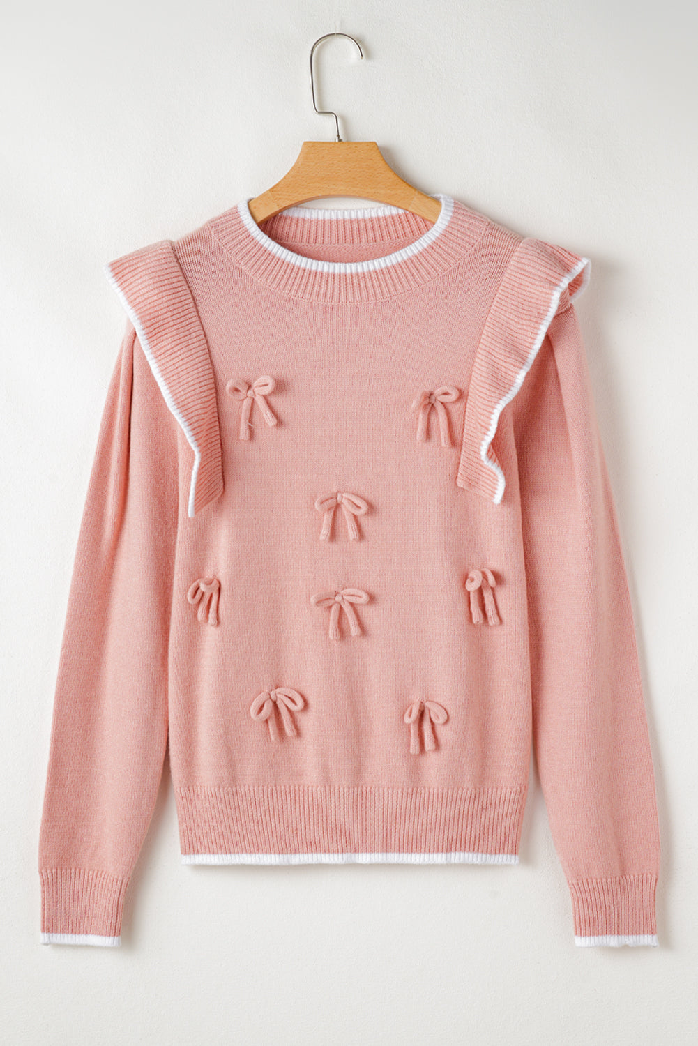 Light Pink Bow Detail Contrast Trim Ruffle Sweater Sweaters ab0ec7fb1d6896bf