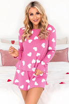 Pink Valentine Heart Print Long Sleeve Top and Shorts Pajama Set Two Piece Shorts Sets ab1ceaef2eb9e70f