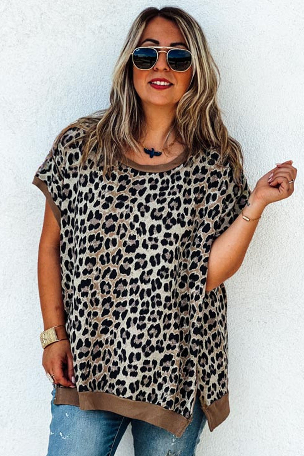 Khaki Leopard Contrast Trim Short Sleeve Loose Plus Size Top Plus Size Tops ab228240412f306f