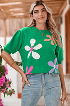 Bright Green 60s Floral Bubble Short Sleeve Knitted Top Knit Tops ab29dcecc6e36422
