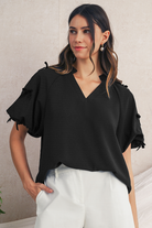 Black V Neck Bow Detail Puff Sleeve Blouse Blouses ab42da66febc1051