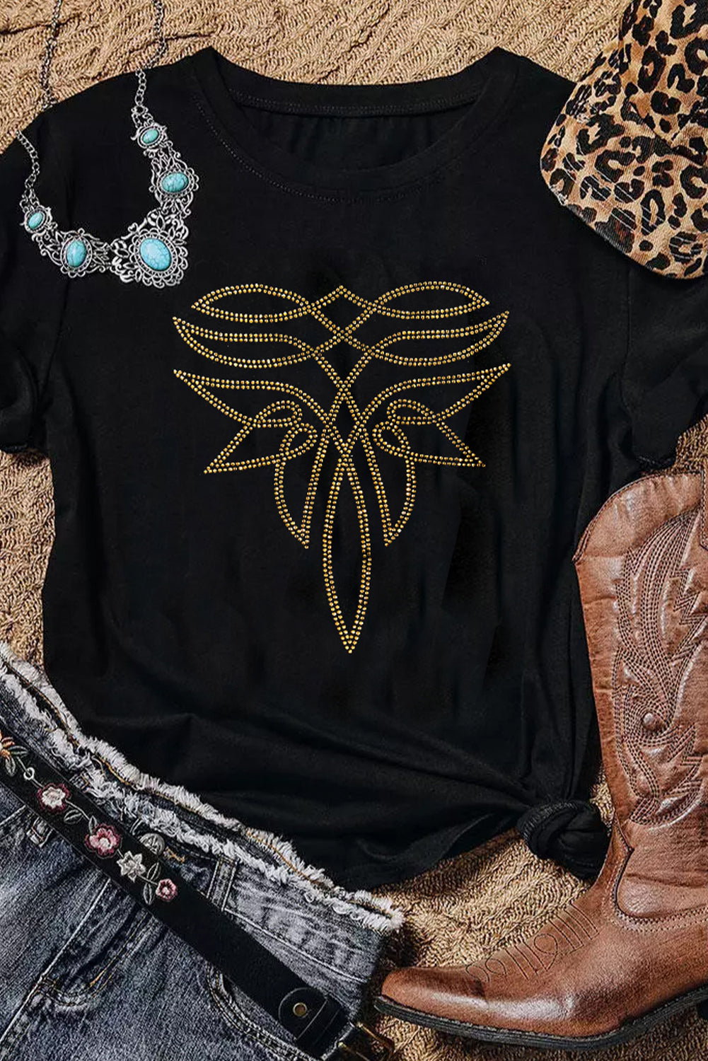 Black Boot Stitch Pattern Rhinestone Transfer Cotton Blend Tee Graphic Tees ab9371440033073a