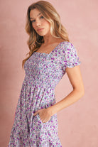 Purple Floral Short Bubble Sleeve Smocked High Waist Maxi Dress Maxi Dresses ab949fb849c2e465