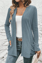 Stone Blue Ribbed Open Front Knitted Top with Pockets Cardigans aba9e2518d87904e