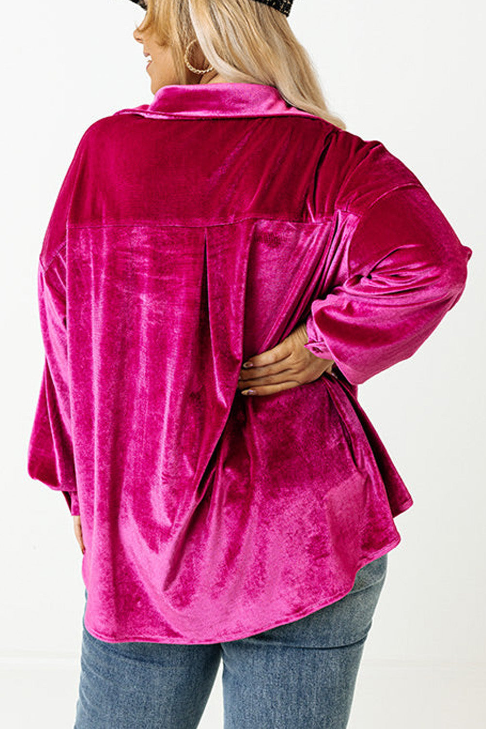 Bright Pink Plus Size Velvet Chest Pocket Drop Shoulder Shirt Plus Size Tops abc6488bd107ef4f