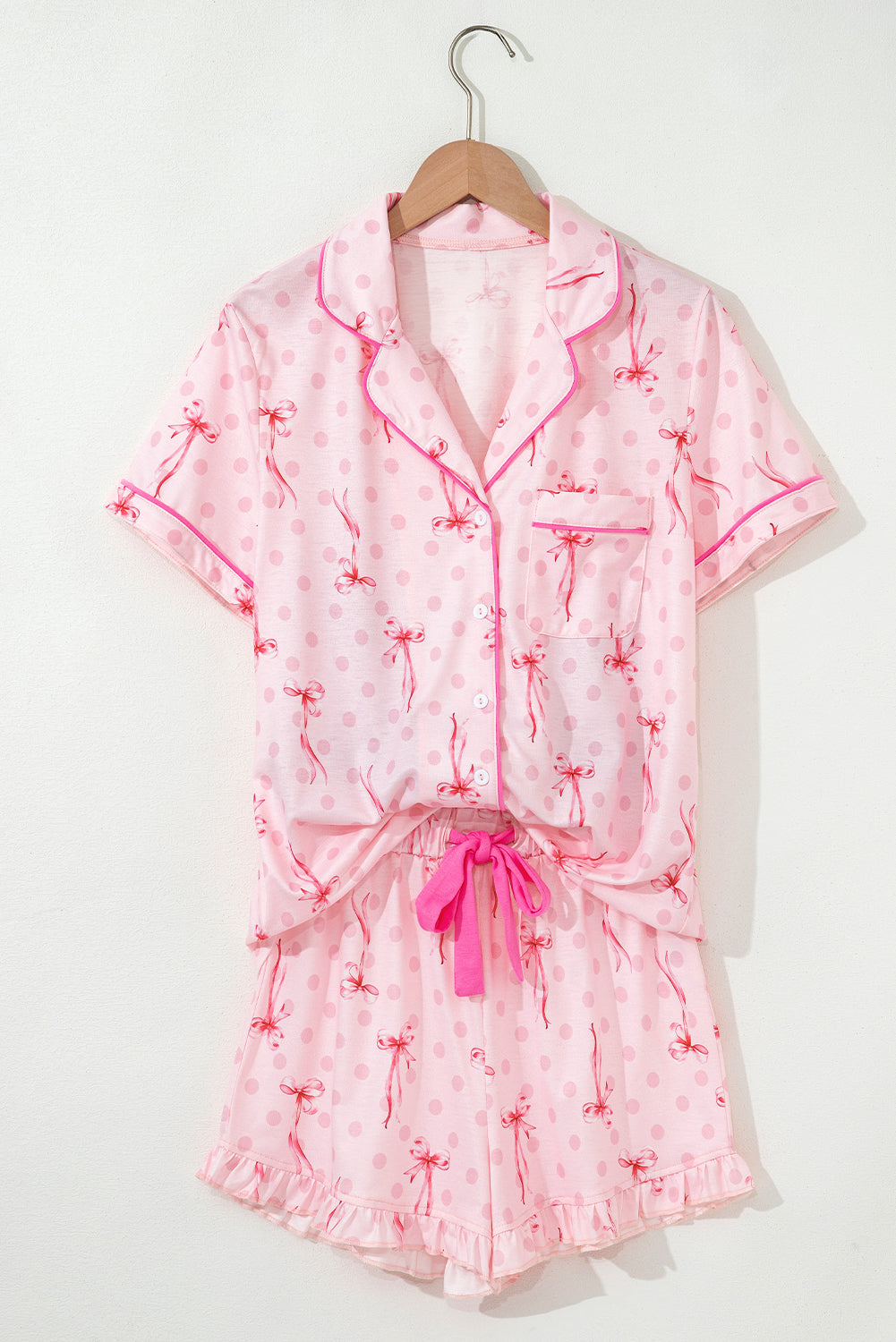 Beige Bow and Cherry Print Ruffle Hem Shorts Pajama Set Two Piece Shorts Sets abd4656aadf9c578
