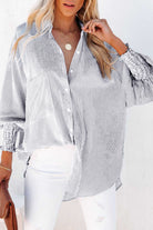 Black Striped Casual Shirred Cuffs Shirt Long Sleeve Tops abfc92999db9a9c1