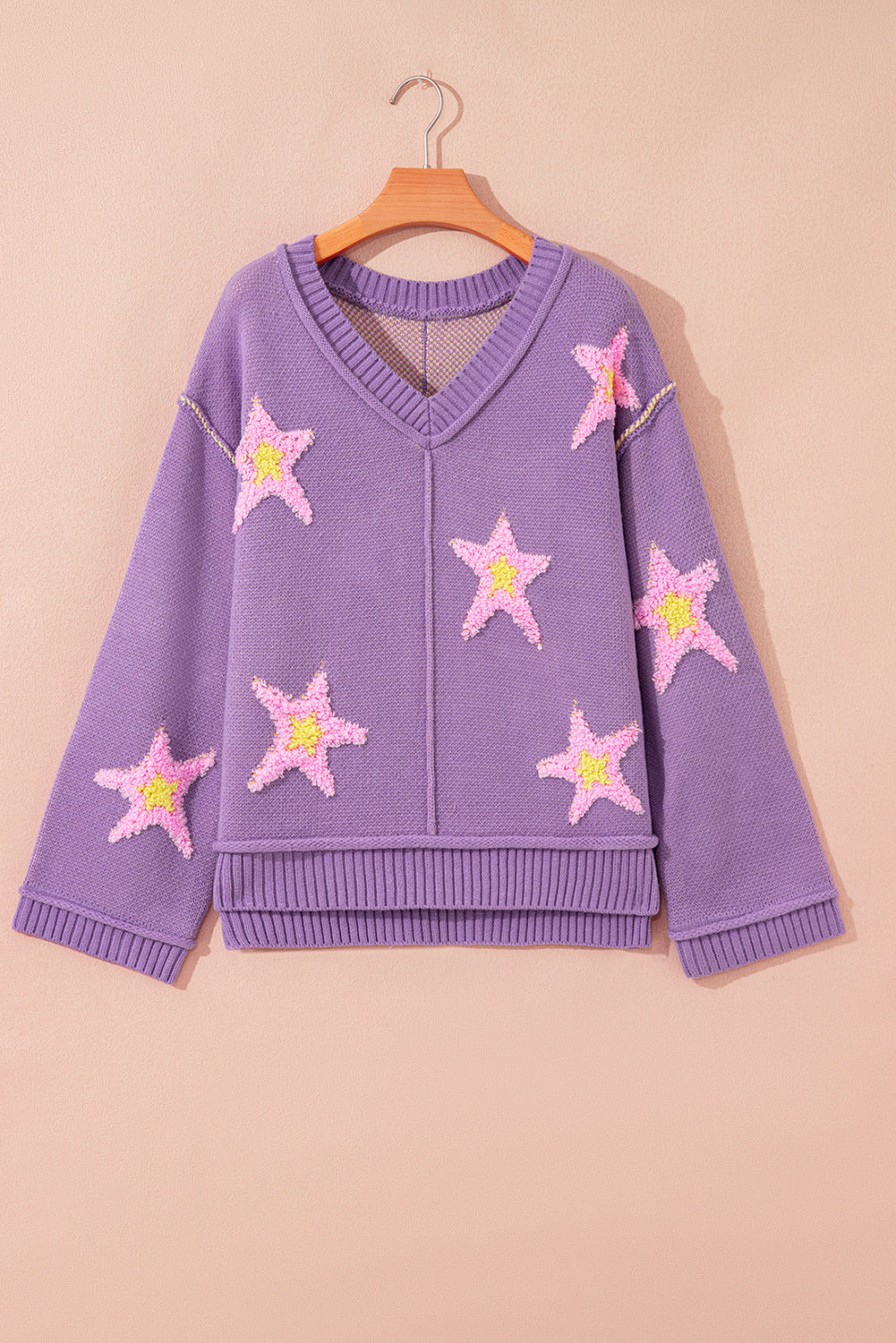 Lavendula Brushed Star Graphic V Neck Drop Shoulder Oversize Sweater Sweaters ac0816688effa6b7