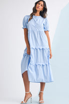 Sky Blue Stripe Bubble Sleeve Scallop Tiered Dress Maxi Dresses aca0af1194df3726