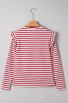 Red Striped Ruffle Shoulder Long Sleeve Top Long Sleeve Tops aca7bc65baa0cd93