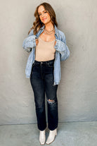 Myosotis Elastic Hem Collared Zip Up Denim Jacket Jackets aca86bd0d38ca258