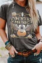 Gray COUNTRY MUSIC Guitar Graphic Print Crew Neck T Shirt Graphic Tees acaf9389f9764b82