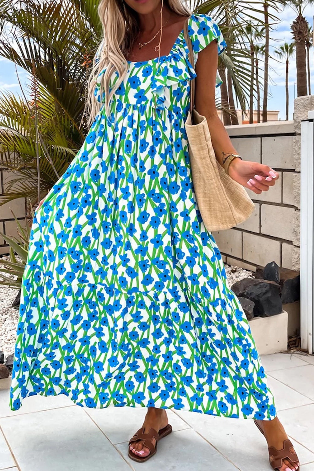 Blue Floral Print Square Neck Ruffled Strap Maxi Dress Maxi Dresses acdbb4e089db6256