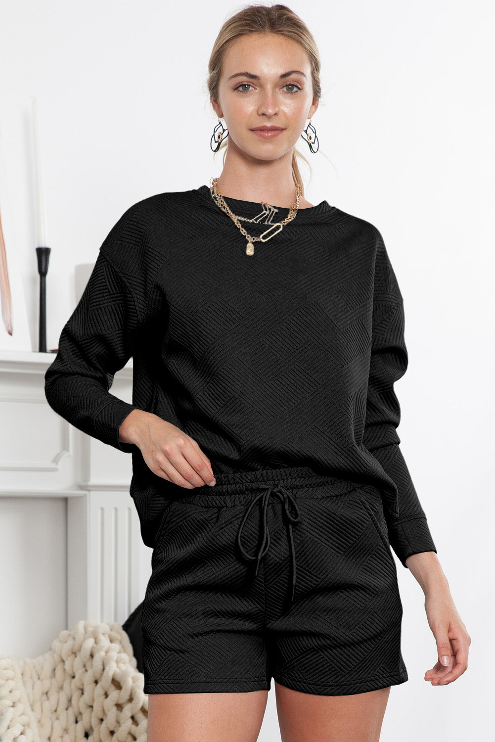 Gray Textured Long Sleeve Top & Drawstring Shorts Set Two Piece Shorts Sets ad13249e7c793599