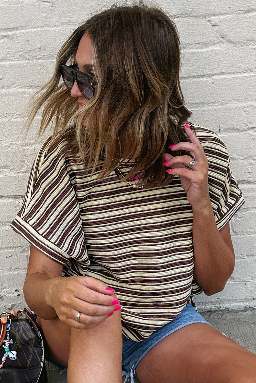 Green Stripe Textured Side Slit Crew Neck T Shirt T Shirts ad3f2e8dba3cbbbe