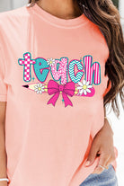 Pink Retro Checkered teach and Bow Pencil Heat Transfer Printing Graphic T Shirt Graphic Tees ad422bcc947e5aa0