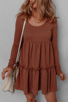 Straw Yellow Ribbed Frilled Trim High Waist Long Sleeve Mini Dress Short Dresses ad7b107dfc04837e