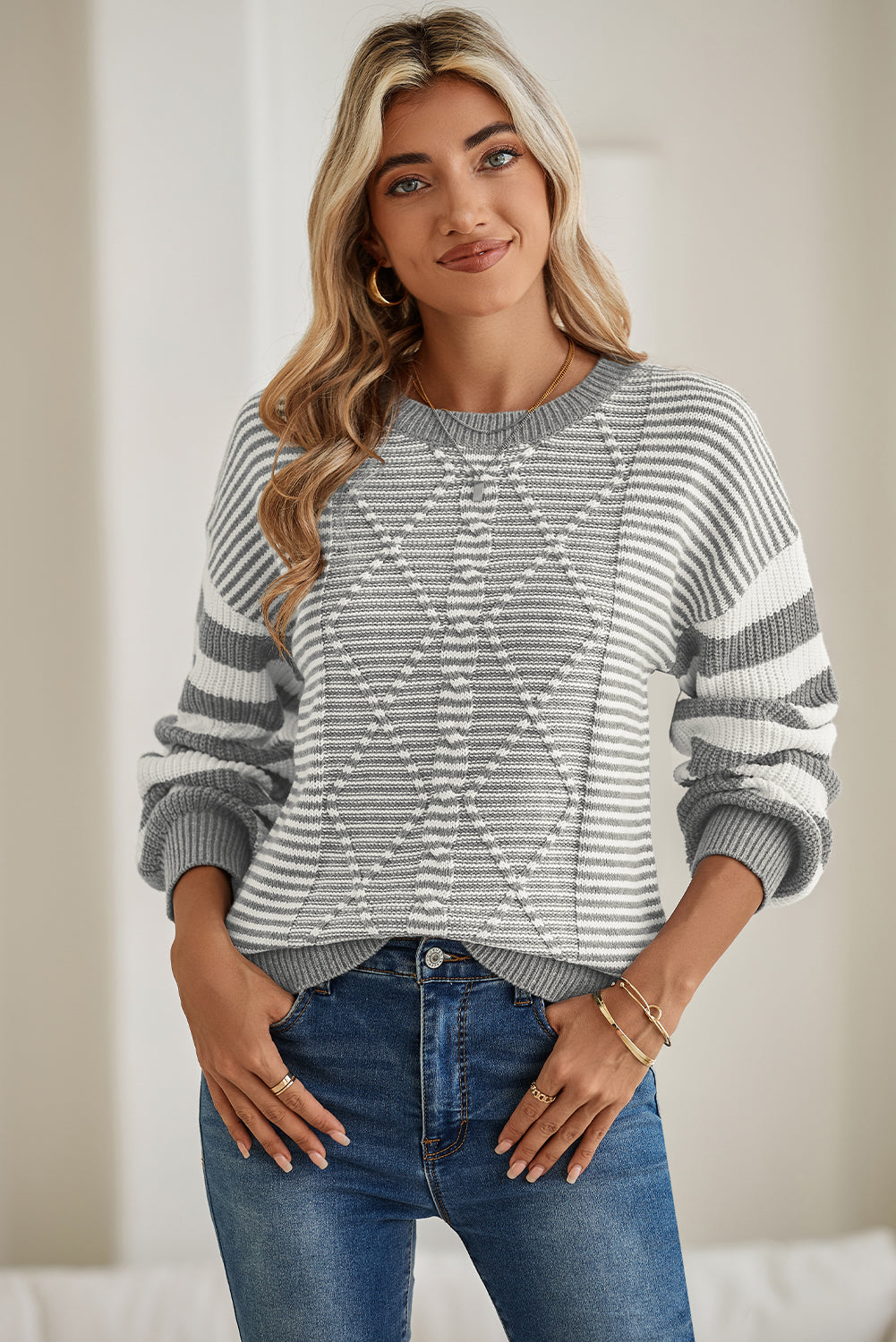 Gray Stripe Twisted Knitted Drop Shoulder Sweater Sweaters ad81028e429ab0ad