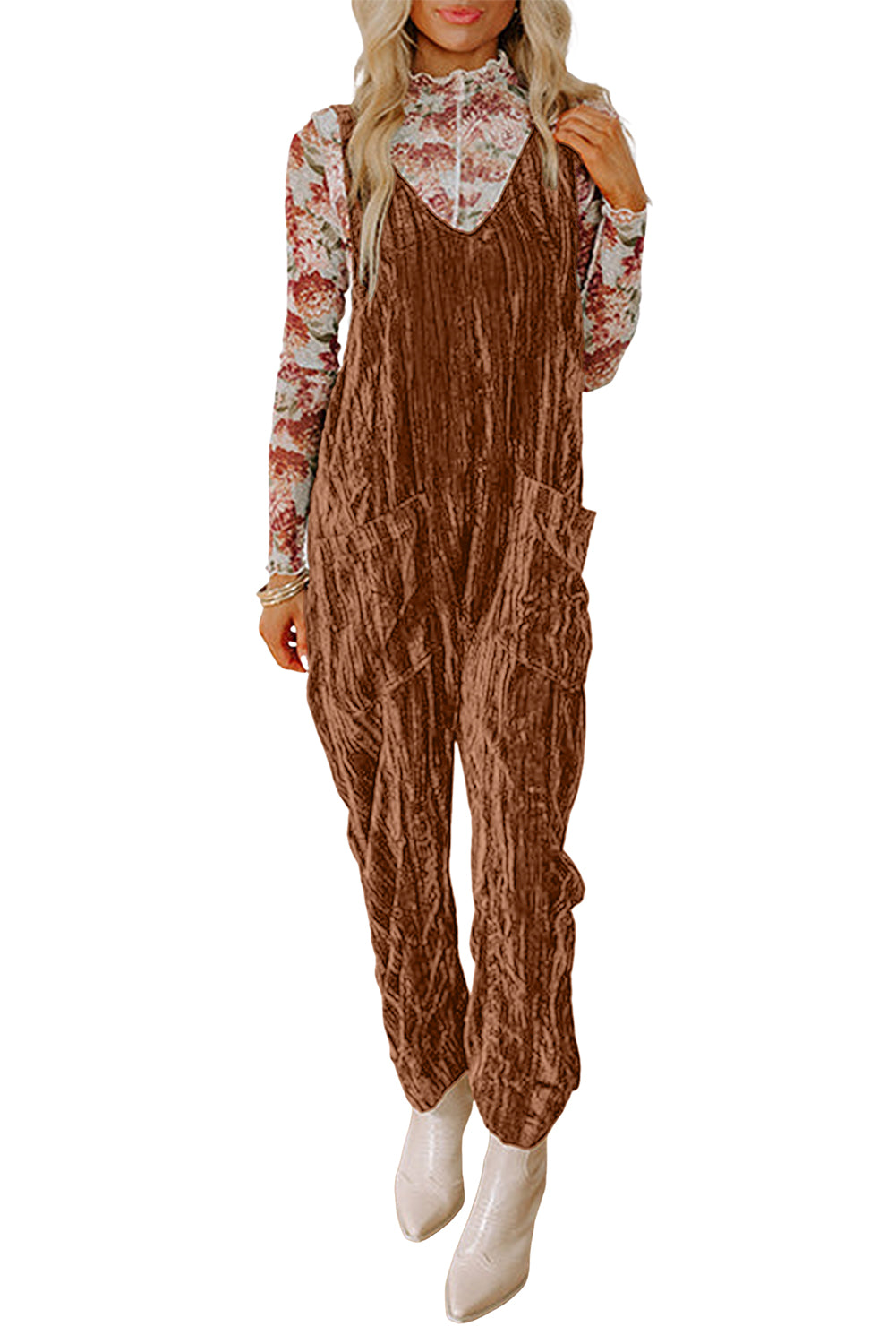 Chicory Coffee Velvet Adjustable Straps Patched Pocket Sleeveless Jumpsuit Jumpsuits ad83c93e0b6d5349