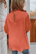 Russet Orange Swiss Dot Balloon Sleeve Patchwork Crinkle Blouse Blouses ada7e406a86a5850
