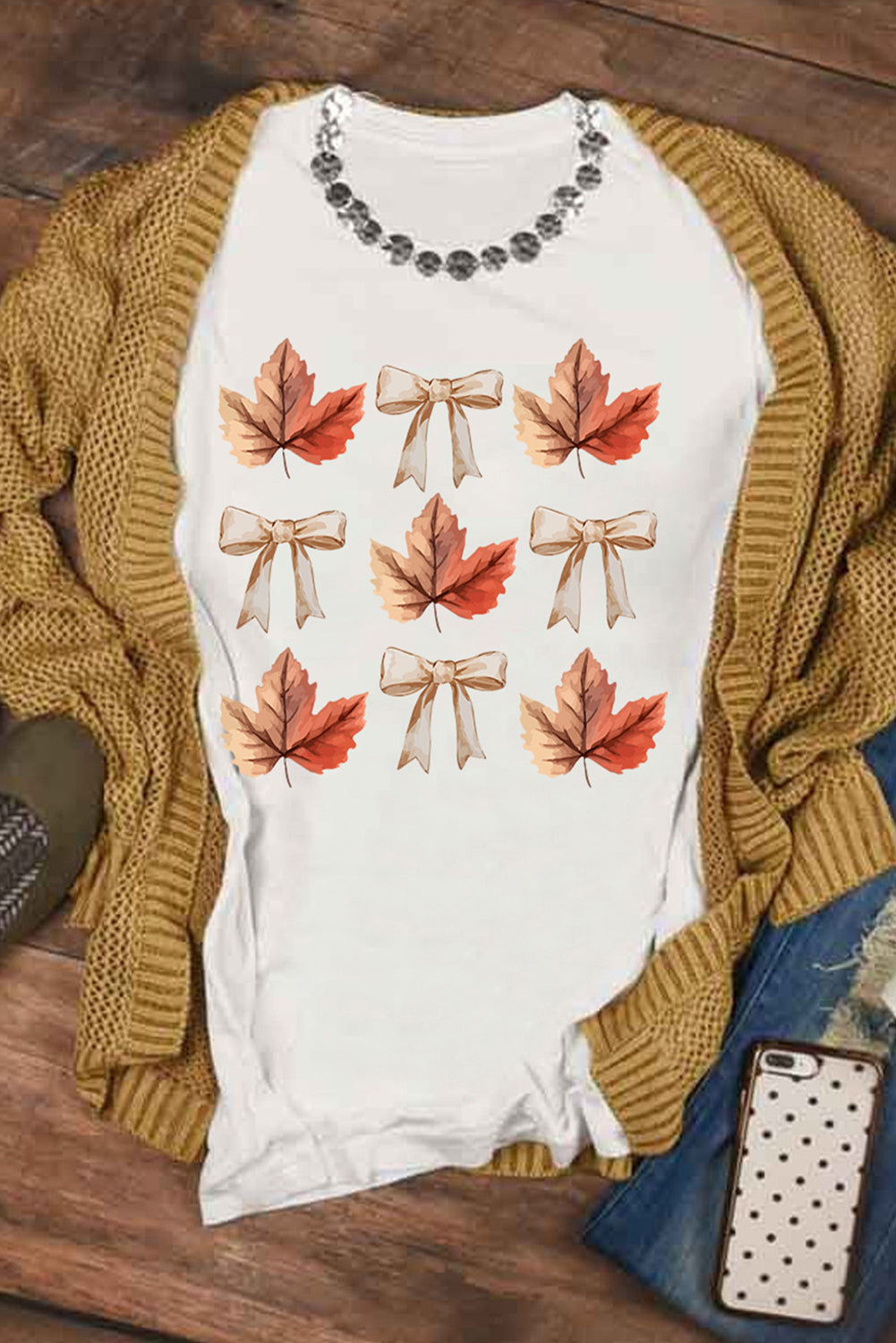 White Fall Leaf Bow Heat Transfer Printing T Shirt Graphic Tees adccb5beeda1f71b