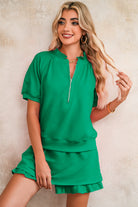 Pink Half Zip Puff Sleeve Top and Ruffle Shorts Set Two Piece Shorts Sets adf478ede5d3e4c2